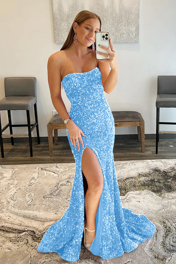 Royal Blue Strapless Sequins Long Mermaid Formal Dress With Slit