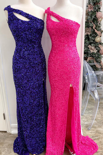 Sheath One Shoulder Orange Sequins Long Formal Dress