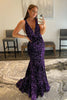 Load image into Gallery viewer, Mermaid Deep V Neck Purple Sequins Formal Dress with Open Back