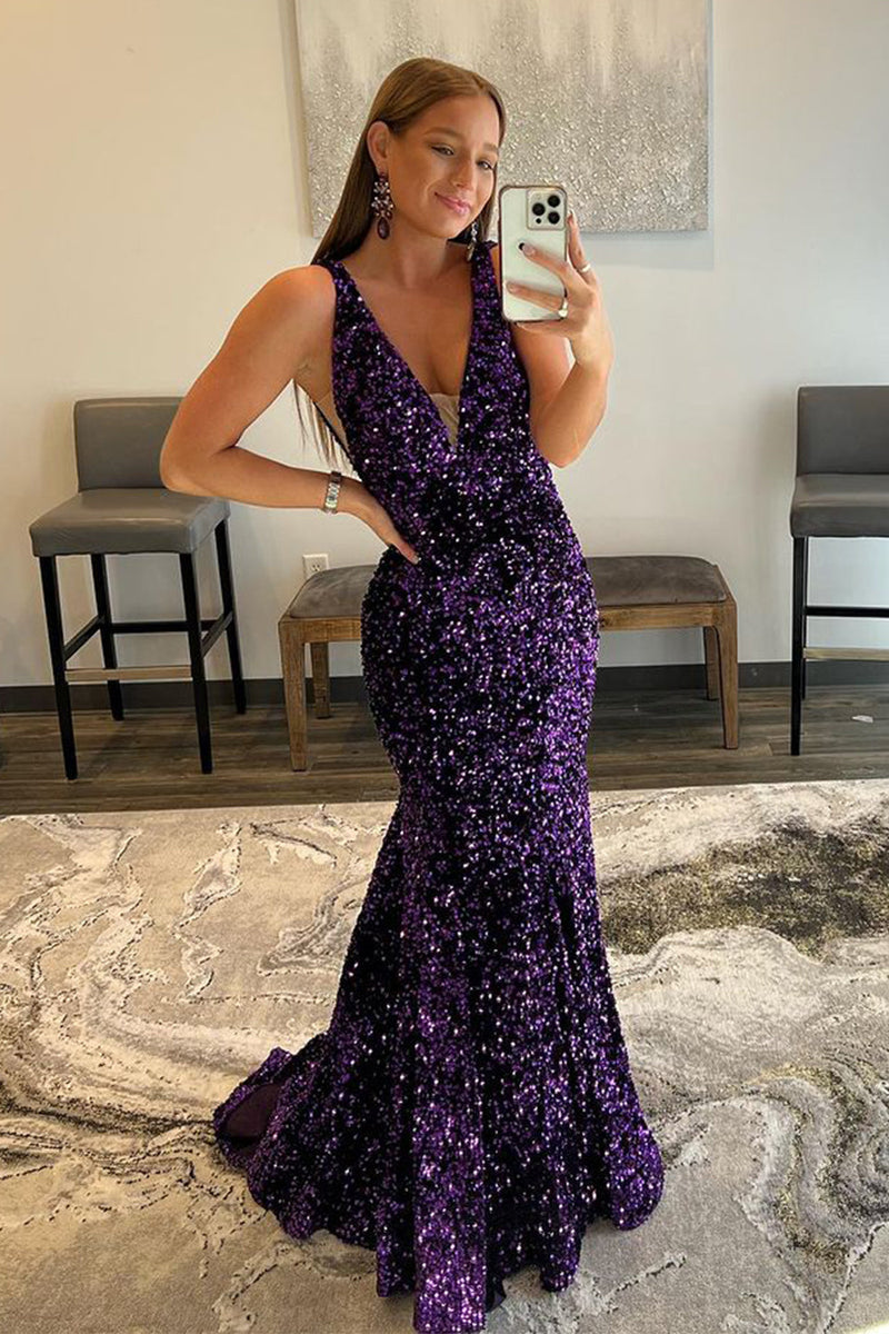 Load image into Gallery viewer, Sparkly Purple Plunging V Mermaid Long Formal Dress