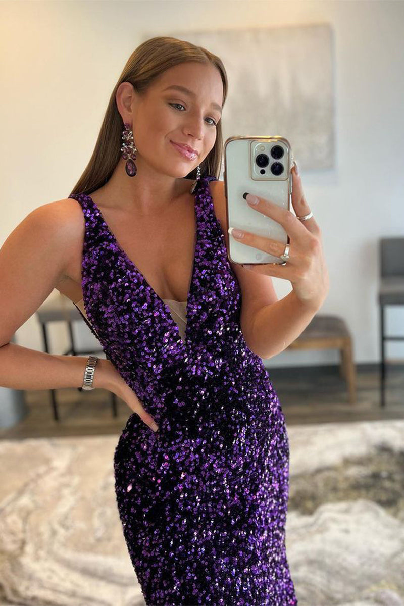 Load image into Gallery viewer, Sparkly Purple Plunging V Mermaid Long Formal Dress