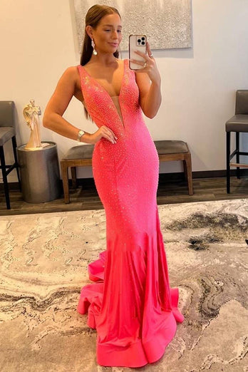 Mermaid Deep V Neck Orange Long Formal Dress with Beading