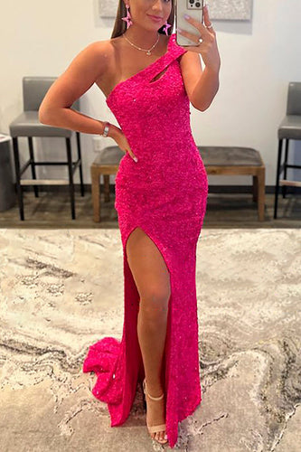 Fuchsia One Shoulder Sequins Formal Dress