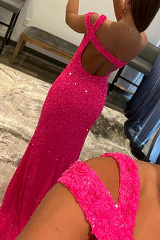 Fuchsia One Shoulder Sequins Formal Dress