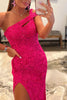 Load image into Gallery viewer, Fuchsia One Shoulder Sequins Formal Dress