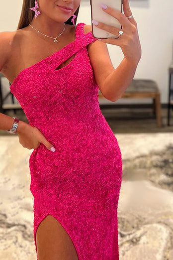 Fuchsia One Shoulder Sequins Formal Dress