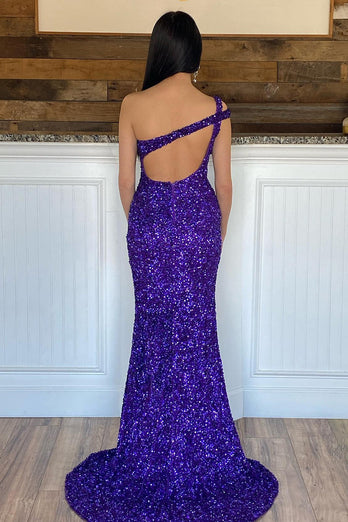 Mermaid One Shoulder Dark Purple Sequins Long Formal Dress