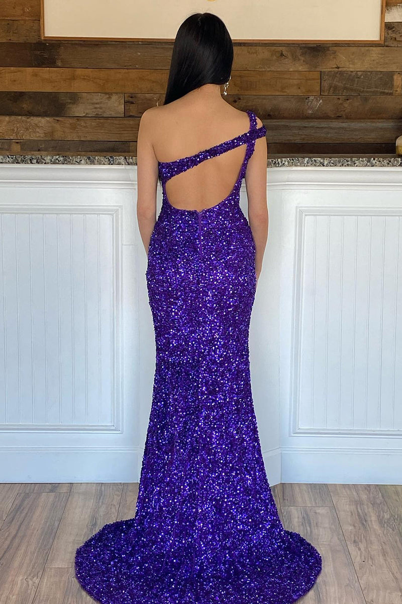 Load image into Gallery viewer, Mermaid One Shoulder Dark Purple Sequins Long Formal Dress