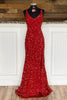 Load image into Gallery viewer, Red Sequins Sheath Spaghetti Straps Formal Dress with Split Front