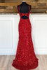 Load image into Gallery viewer, Red Sequins Sheath Spaghetti Straps Formal Dress with Split Front