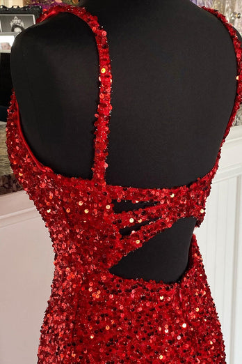 Red Sequins Sheath Spaghetti Straps Formal Dress with Split Front