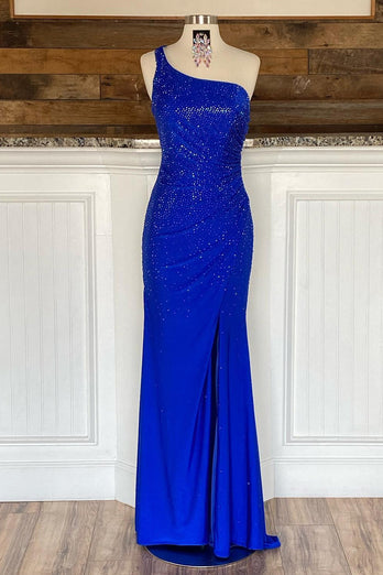 Sheath One Shoulder Sky Blue Long Formal Dress with Beading