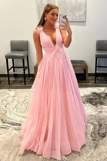 Light Pink V-Neck Tulle Long Formal Dress with Open Back