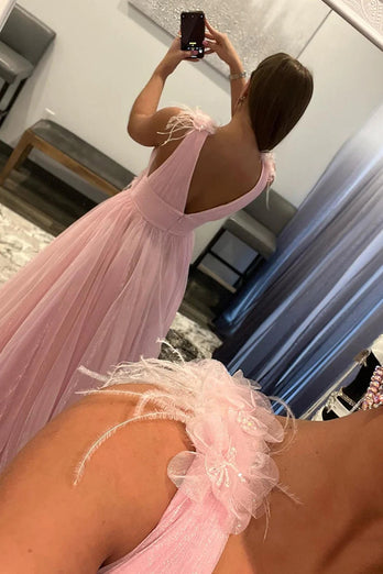 Light Pink V-Neck Tulle Long Formal Dress with Open Back