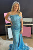 Load image into Gallery viewer, Light Blue Sparkly Sequins Off the Shoulder Long Formal Dress with Feathers