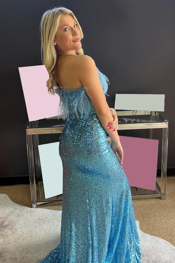 Light Blue Sparkly Sequins Off the Shoulder Long Formal Dress with Feathers