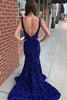 Load image into Gallery viewer, Mermaid Blue V-Neck Sequins Long Formal Dress