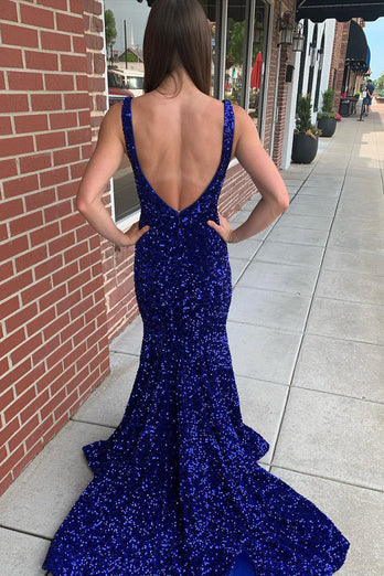 Mermaid Blue V-Neck Sequins Long Formal Dress