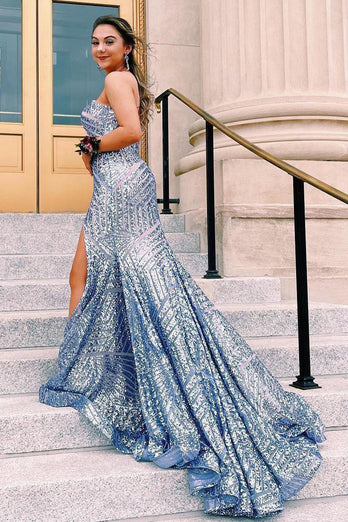 Sky Blue Sequins Strapless Long Formal Dress