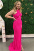 Load image into Gallery viewer, Fuchsia Halter Sequins Long Formal Dress With Split Front