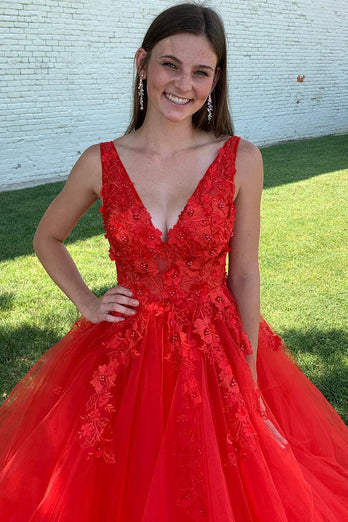 Red A-Line V-Neck Long Formal Dress With Appliques