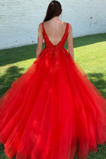 Red A-Line V-Neck Long Formal Dress With Appliques