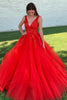 Load image into Gallery viewer, Red A-Line V-Neck Long Formal Dress With Appliques