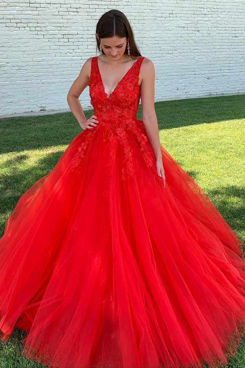 Load image into Gallery viewer, Red A-Line V-Neck Long Formal Dress With Appliques