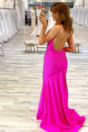 Sparkly Hot Pink Mermaid Sequins Long Formal Dress with Slit