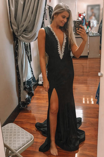 Black Deep V-Neck Mermaid Formal Dress with Slit