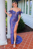 Load image into Gallery viewer, Sheath Off the Shoulder Blue Sequins Long Formal Dress with Feathers