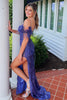 Load image into Gallery viewer, Sheath Off the Shoulder Blue Sequins Long Formal Dress with Feathers