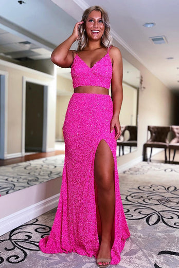 Two Piece Orange Sequins Mermaid Formal Dress with Slit