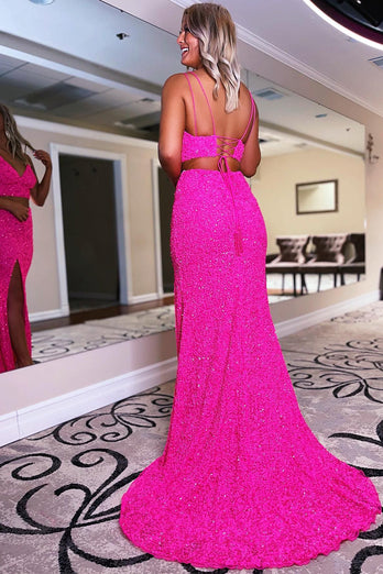 Two Piece Orange Sequins Mermaid Formal Dress with Slit