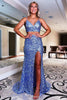 Load image into Gallery viewer, Two Piece Orange Sequins Mermaid Formal Dress with Slit