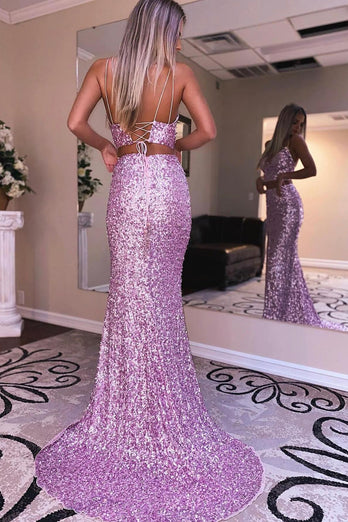 Two Piece Orange Sequins Mermaid Formal Dress with Slit