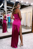 Load image into Gallery viewer, Hot Pink Satin V-Neck Simple Formal Dress with Slit