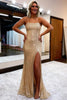 Load image into Gallery viewer, Sequins Spaghetti Straps Sheath Golden Formal Dress with Slit