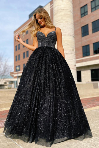 Sparkly Black Spaghetti Straps A-Line Formal Dress