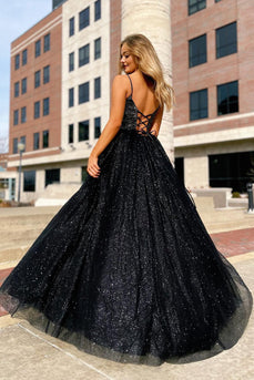 Sparkly Black Spaghetti Straps A-Line Formal Dress