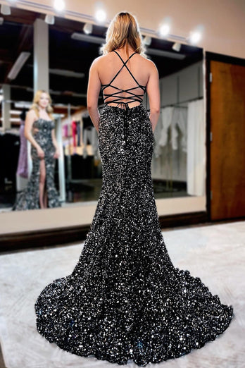 Sequins Lace-up Back Black Mermaid Formal Dress with Slit