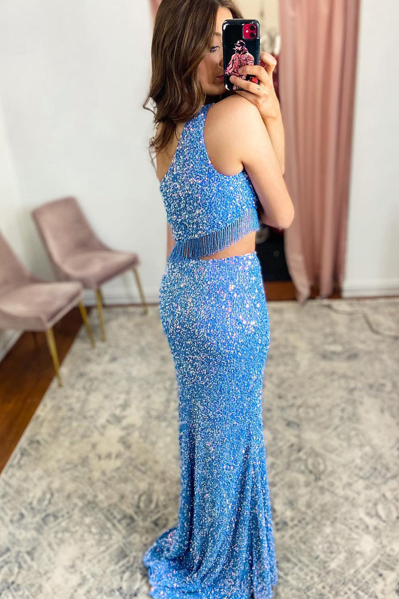 Load image into Gallery viewer, Mermaid One Shoulder Blue Sequins Long Formal Dress with Split Front