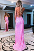 Load image into Gallery viewer, Sparkly Fuchsia Backless Sequins Long Formal Dress with Slit