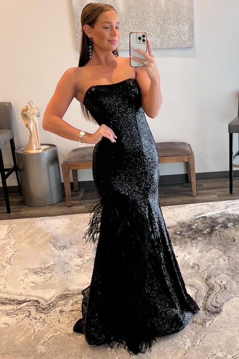 Load image into Gallery viewer, Mermaid Strapless Black Sequins Long Formal Dress with Feather