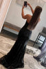 Load image into Gallery viewer, Mermaid Strapless Black Sequins Long Formal Dress with Feather