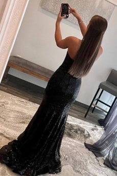 Mermaid Strapless Black Sequins Long Formal Dress with Feather