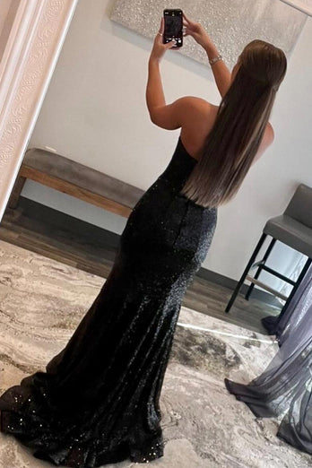 Mermaid Strapless Black Sequins Long Formal Dress with Feather