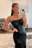 Load image into Gallery viewer, Mermaid Strapless Black Sequins Long Formal Dress with Feather