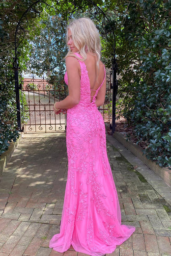 Mermaid Deep V Neck Pink Long Formal Dress with Appliques