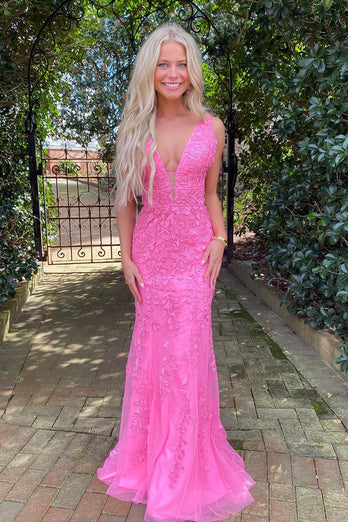 Mermaid Deep V Neck Pink Long Formal Dress with Appliques